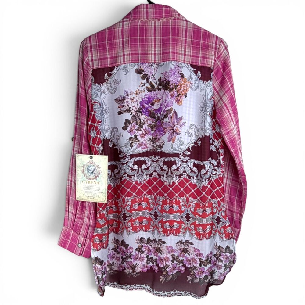 cyrena plaid floral scarf patchwork tunic shacket boho cottagecore women small - Picture 3 of 10